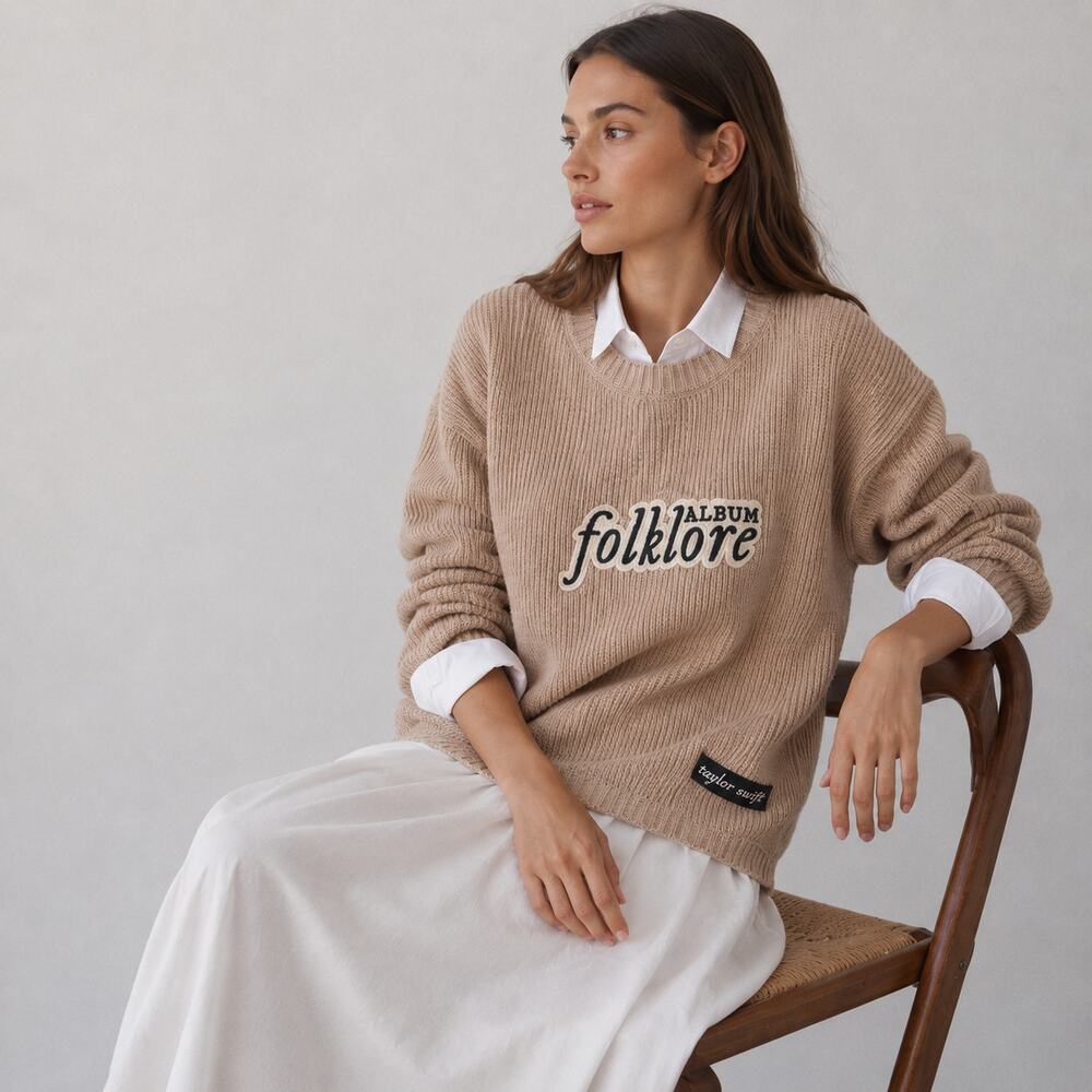 Taylor Swift Folklore Album Chenille Patch Crewneck Sweater Womens S Beige